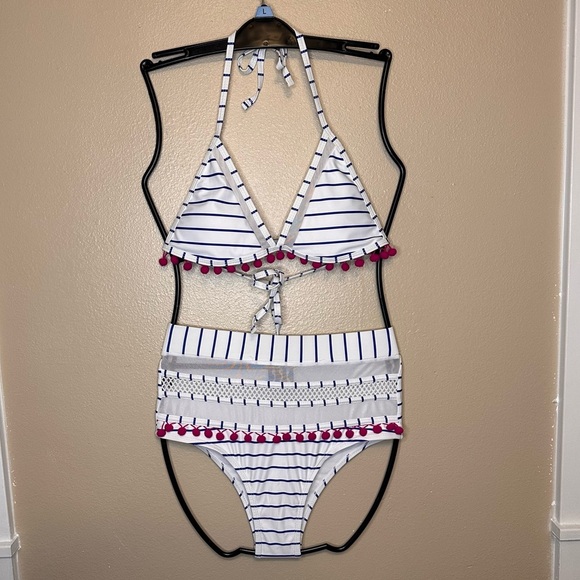 ADORABLE Striped High Waist Bikini with Pom Pom Trim Size Medium - Picture 1 of 7